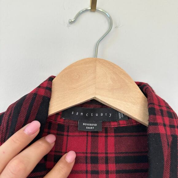 Sanctuary Plaid Snap Front Long Sleeve Shirt Red Black S - Picture 5 of 9